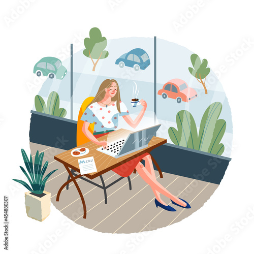 Girl doing freelance work at cafe. Young woman working with computer on desk online vector illustration. Modern lifestyle scene, remote business workplace with coffee and view from window
