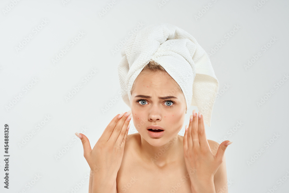 woman with bare shoulders emotions towel on head dermatology lifestyle woman with bare shoulders emotions towel on head dermatology lifestyle