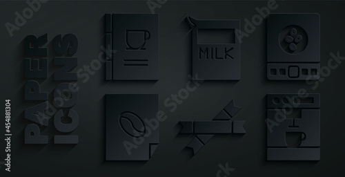 Set Sugar stick packets, Electronic coffee scales, Coffee poster, machine, Paper package for milk and book icon. Vector