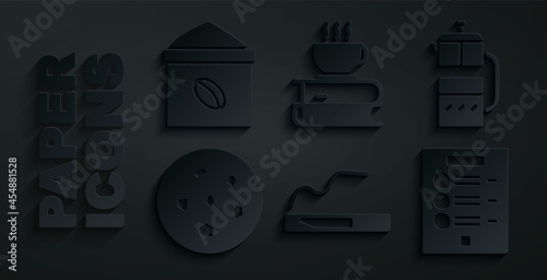 Set Cigarette, French press, Cookie or biscuit, Coffee menu, cup and book and Bag coffee beans icon. Vector