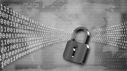 Digital data stream flows through closed padlock - movement series of random varying binary code digits on blurred world map background - internet security and data protection concept
