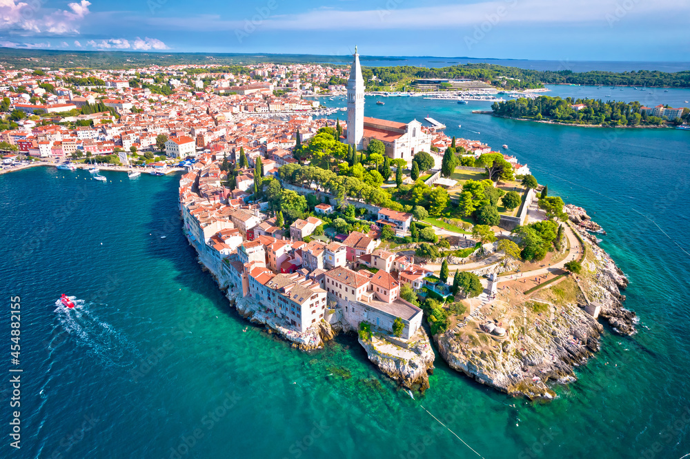 Town of Rovinj historic peninsula aerial view, famous tourist destination in Istria