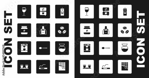 Set French press, Barista, Coffee jar bottle, Irish coffee, beans, and conversation, Pour over maker and machine icon. Vector