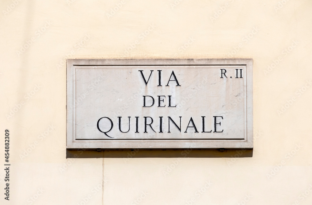 marble plate with Street name via Quirinale- engl: Quirinale street - at the wall in Rome marble plate with Street name via Quirinale- engl: Quirinale street - at the wall in Rome