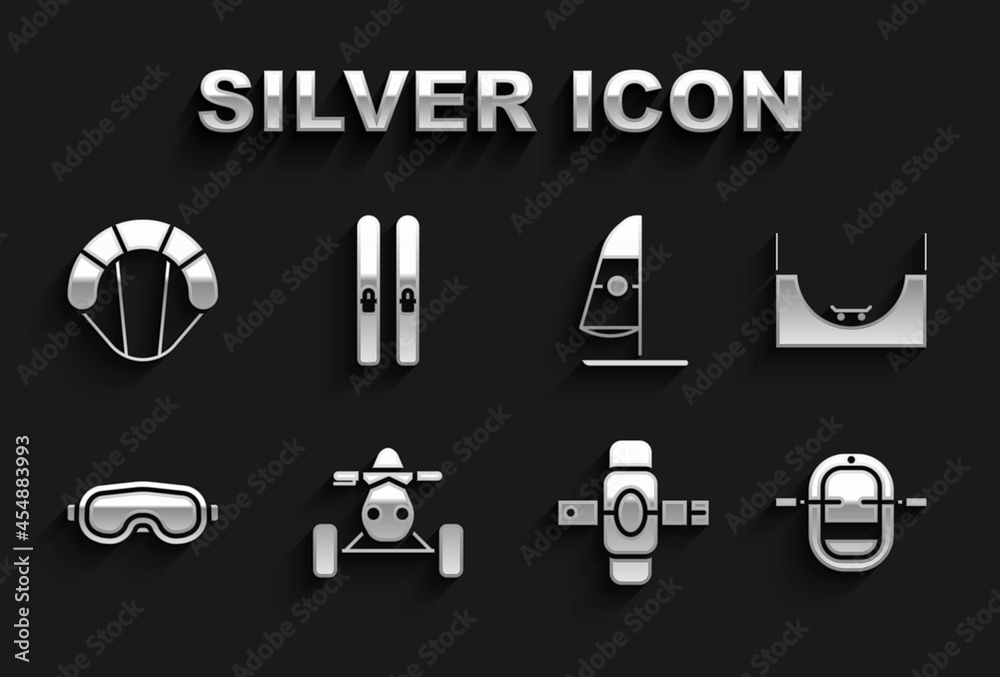 Set ATV motorcycle, Skate park, Rafting boat, Knee pads, Ski goggles, Windsurfing, Parachute and and sticks icon. Vector Set ATV motorcycle, Skate park, Rafting boat, Knee pads, Ski goggles, Windsurfing, Parachute and and sticks icon. Vector