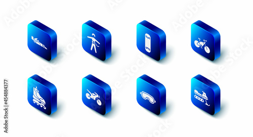 Set Bungee jumping, Skateboard trick, Bicycle, Snowmobile, Ski goggles, Motorcycle, Roller skate and Formula 1 racing car icon. Vector