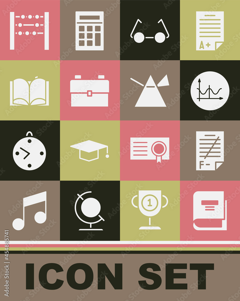 Set Book, Exam paper with incorrect answers, Graph, schedule, chart, diagram, Glasses, School backpack, Open book, Abacus and Light rays prism icon. Vector Set Book, Exam paper with incorrect answers, Graph, schedule, chart, diagram, Glasses, School backpack, Open book, Abacus and Light rays prism icon. Vector