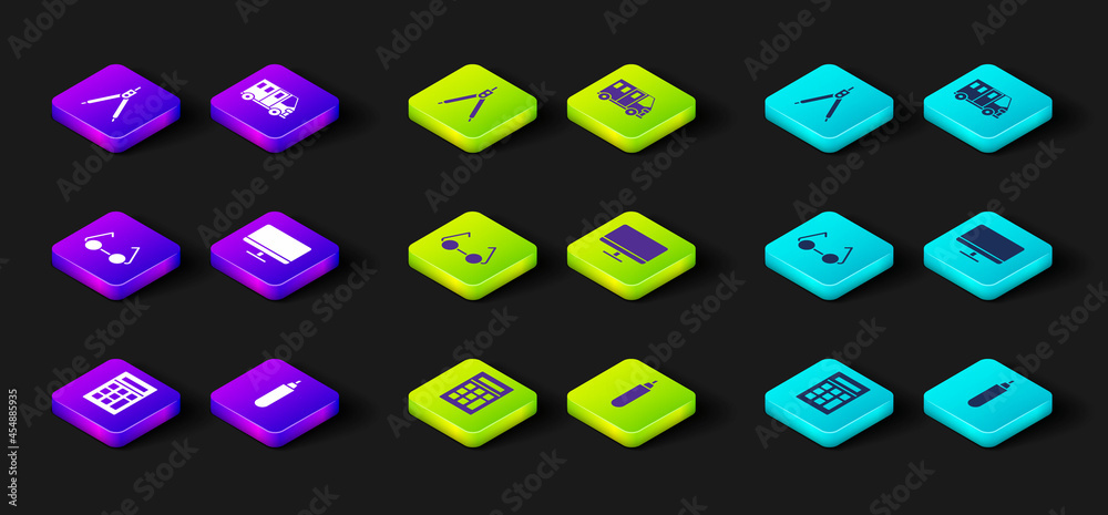 Set Calculator, Marker pen, Glasses, Computer monitor screen, School Bus and Drawing compass icon. Vector Set Calculator, Marker pen, Glasses, Computer monitor screen, School Bus and Drawing compass icon. Vector