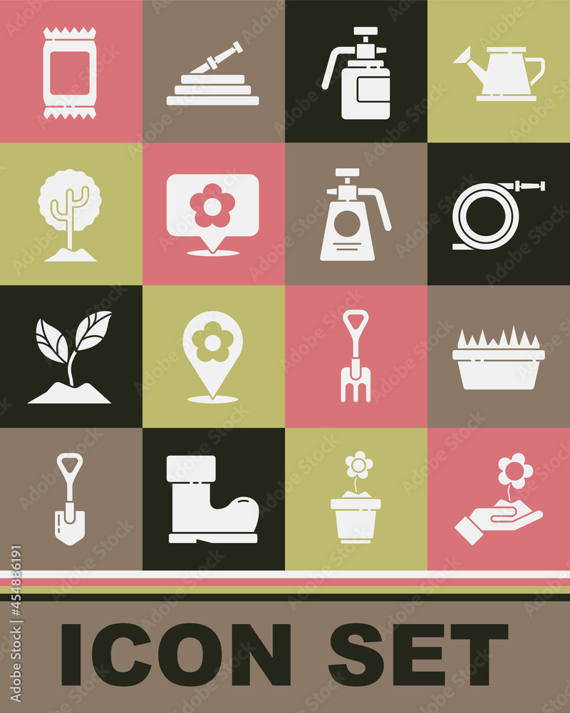 Set Hand holding flower, Fresh grass rectangular, Garden hose or fire hose, sprayer for fertilizer, Location with, Tree, Fertilizer bag and icon. Vector Set Hand holding flower, Fresh grass rectangular, Garden hose or fire hose, sprayer for fertilizer, Location with, Tree, Fertilizer bag and icon. Vector
