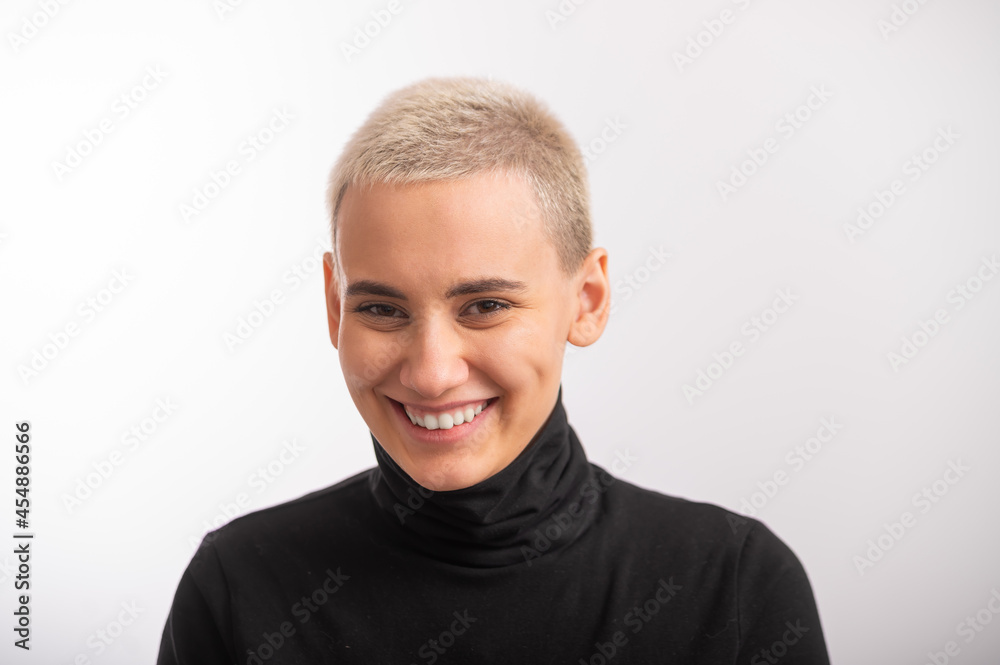 Displeased young caucasian woman with short haircut on white background. Displeased young caucasian woman with short haircut on white background.