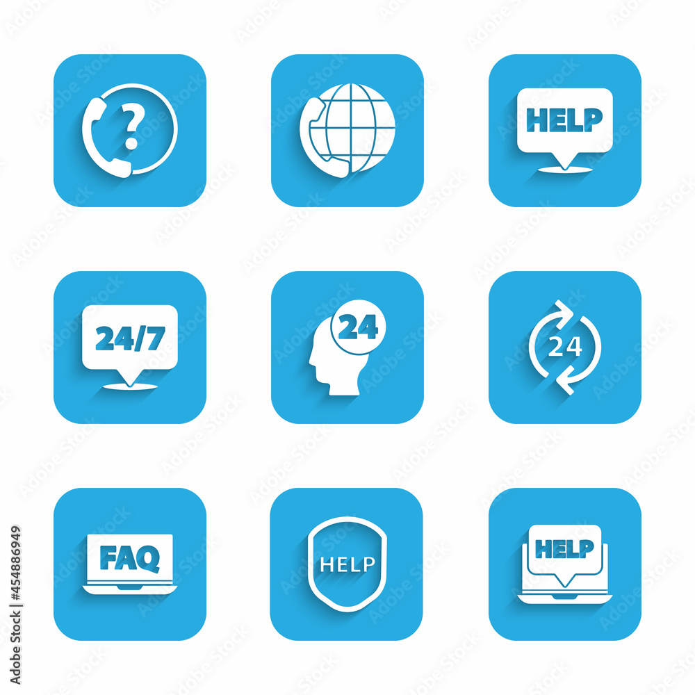 Set Support operator in touch, Shield with text Help, Laptop and help, Telephone 24 hours support, FAQ, Clock, Speech bubble and icon. Vector Set Support operator in touch, Shield with text Help, Laptop and help, Telephone 24 hours support, FAQ, Clock, Speech bubble and icon. Vector