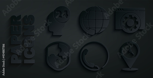 Set Telephone 24 hours support, Browser setting, Shield, Location with clock, and Support operator touch icon. Vector