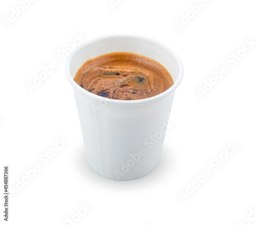  hot cappuccino or Barista in white paper cup.