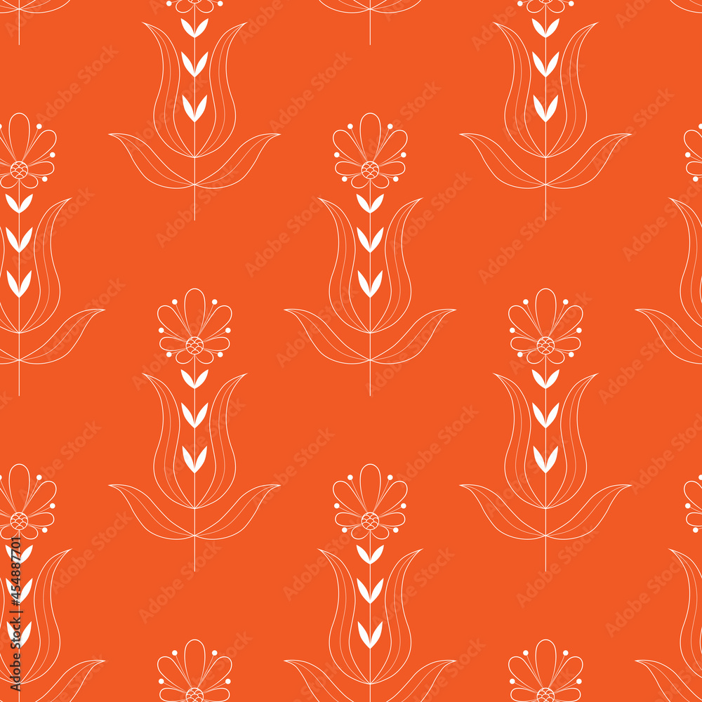 Сhamomile, aster. Vector botanical seamless pattern of isolated plants on a orange background. Delicate blooming field herb. Design of bouquets for fabric. Stock illustration for the textile. Сhamomile, aster. Vector botanical seamless pattern of isolated plants on a orange background. Delicate blooming field herb. Design of bouquets for fabric. Stock illustration for the textile.