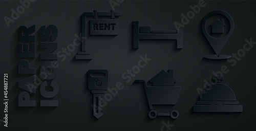 Set Shopping cart with house, Location, House key, Hotel service bell, Bed and Hanging sign Rent icon. Vector