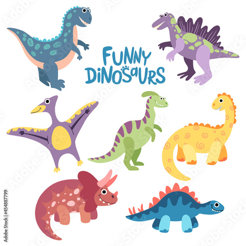 Collection of hand drawn flat vector dinosaurs. Dino set of triceratops, trex, pteranodon, stegosaurus, velociraptor, parasaurolophus, spinosaurus. © Marina.Ka