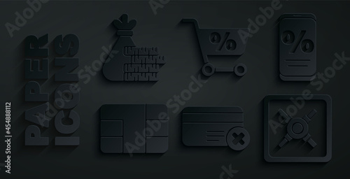 Set Credit card remove, Percent discount and mobile, with chip, Safe, Shopping cart and Money bag coin icon. Vector