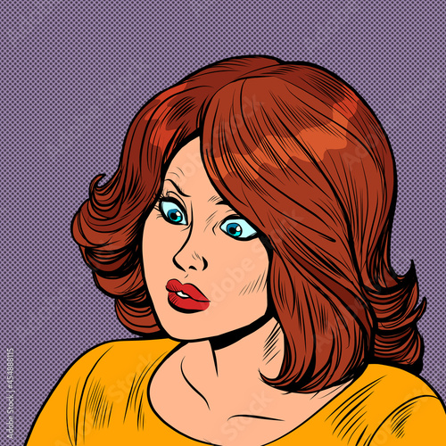 the surprised woman looks sideways. Human emotions. Eyes wide open