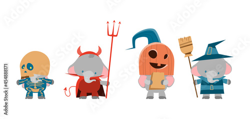 Elephant disguised as a Halloween costume. Happy Halloween banner, Holiday, Decoration Horror Party. Disguised animals in cute cartoon Monsters. Set of elephants in halloween costume.