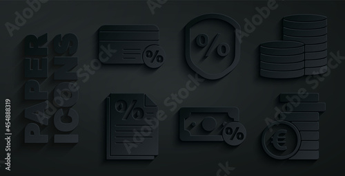 Set Money percent, Coin money, Finance document, with euro symbol, Loan and Discount card icon. Vector