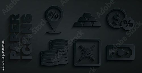 Set Safe, Money coin with percent, Coin money, Stacks paper cash, Gold bars and Location discount icon. Vector