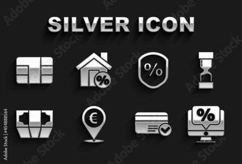 Set Cash location, Old hourglass, Percent discount and monitor, Credit card, Stacks paper money cash, Loan percent, with chip and House percant icon. Vector