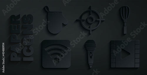 Set Microphone, Kitchen whisk, Wi-Fi wireless internet network, Play Video, Target sport and Oven glove icon. Vector