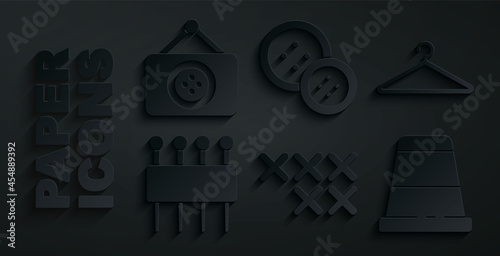 Set Adjustable embroidery hoop, Hanger wardrobe, Needle for sewing, Thimble, Sewing button and Tailor shop icon. Vector