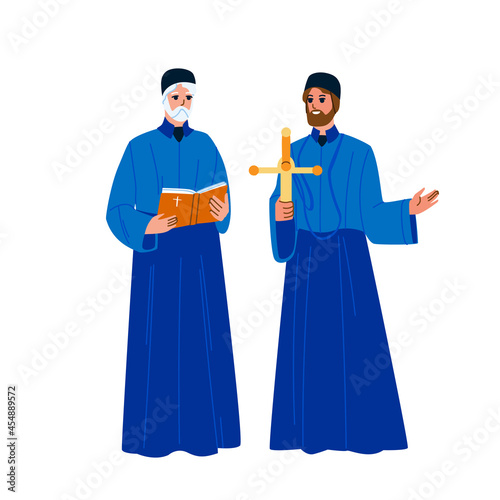 Catholic Priest Men With Praying Cross Vector. Catholic Priest Holding And Reading Bible Religion Book During Mass On Altar. Characters Catholicism Religious Pastors Flat Cartoon Illustration