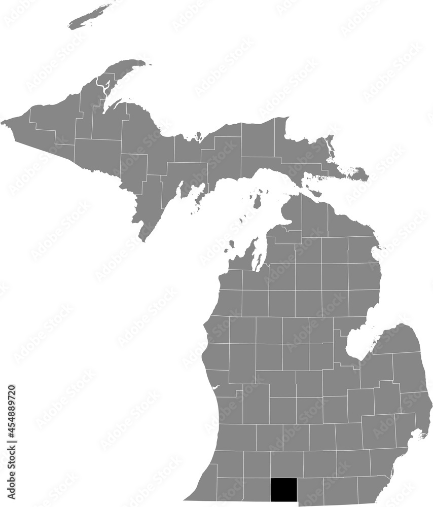 Black highlighted location map of the Branch County inside gray map of the Federal State of Michigan, USA