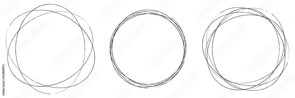 Hand drawn, sketch, scribble, doodle circles. Grungy, grunge stain circular and radial lines. Circles drawing set