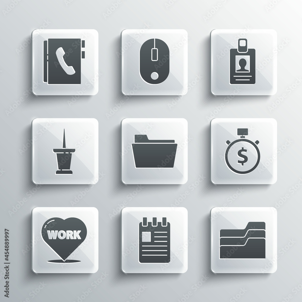 Set Spiral notebook, Document folder, Time is money, Heart with text work, Push pin, Address and Identification badge icon. Vector Set Spiral notebook, Document folder, Time is money, Heart with text work, Push pin, Address and Identification badge icon. Vector