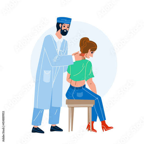 Cervical Spine Examination And Treatment Vector. Doctor Neurologist Checking And Treat Patient Cervical Spine. Characters Man And Woman Medical Healthcare Flat Cartoon Illustration