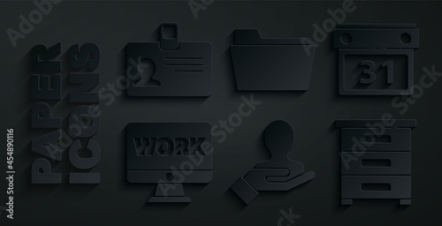 Set Hand for search a people, Calendar, Monitor with text work, Drawer documents, Document folder and Identification badge icon. Vector