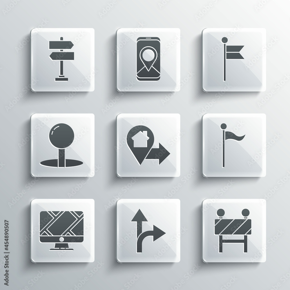 Set Road traffic sign, barrier, Location marker, with house, Monitor location, Push pin, and icon. Vector Set Road traffic sign, barrier, Location marker, with house, Monitor location, Push pin, and icon. Vector