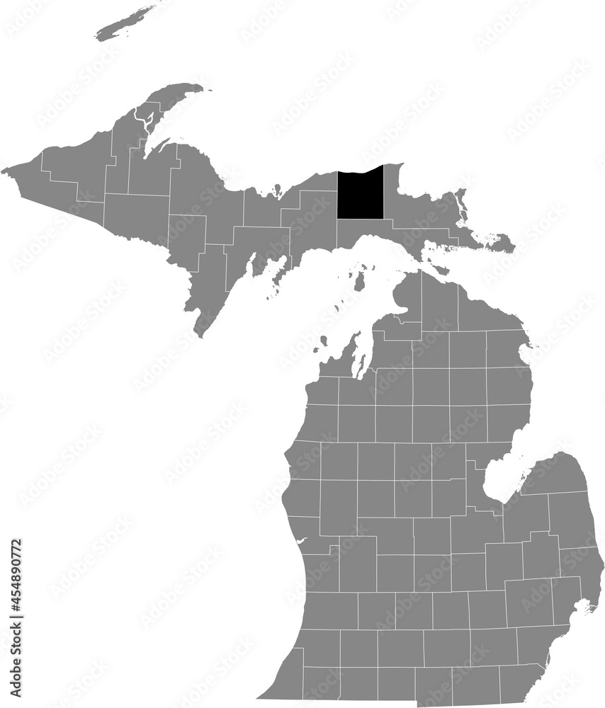 Obraz premium Black highlighted location map of the Luce County inside gray map of the Federal State of Michigan, USA
