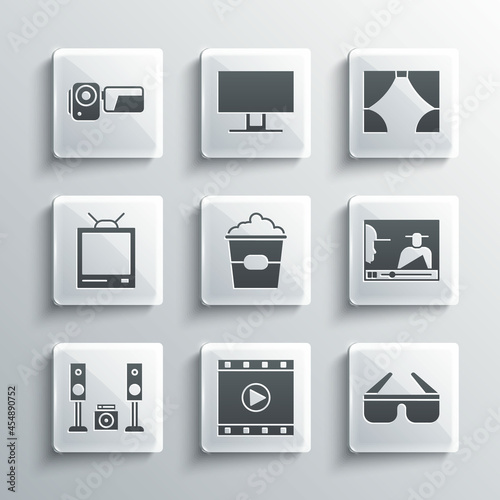 Set Play Video, 3D cinema glasses, Online play video, Popcorn box, Home stereo with two speakers, Retro tv, Cinema camera and Curtain icon. Vector