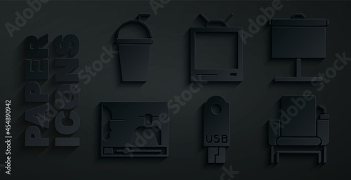 Set USB flash drive, Projection screen, Online play video, Cinema chair, Retro tv and Paper glass with straw icon. Vector