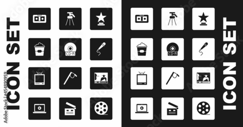 Set Movie trophy, CD or DVD disk, Popcorn in box, VHS video cassette tape, Microphone, Tripod, Online play and Retro tv icon. Vector