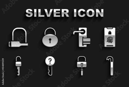 Set Undefined key, Mobile with fingerprint scan, Crowbar, Lock picks for lock picking, Unlocked, Digital door, Bicycle and icon. Vector