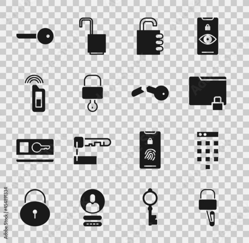 Set Lock picks for lock picking, Password protection, Folder and, Safe combination, key, Car with remote, Key and Broken icon. Vector