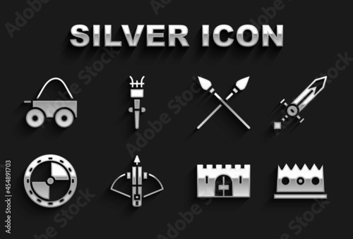 Set Battle crossbow with arrow, Medieval sword, King crown, castle gate, Round wooden shield, Crossed medieval spears, Wooden four-wheel cart and Torch flame icon. Vector