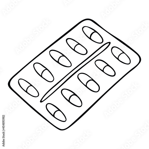 Vector sketch pills blister package isolated on white background. Hand drawn pills icon. Doodle medical illustration. For print, web, design, decor, logo. 