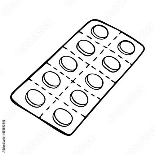 Vector sketch pills blister package isolated on white background. Hand drawn pills icon. Doodle medical illustration. For print, web, design, decor, logo. 