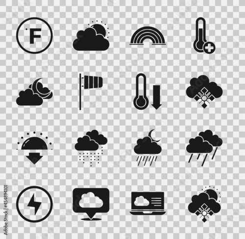 Set Cloud with snow and sun, rain, Rainbow, Cone windsock wind vane, moon, Fahrenheit and Meteorology thermometer icon. Vector