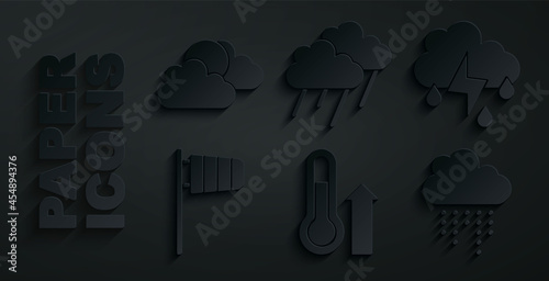 Set Meteorology thermometer, Cloud with rain and lightning, Cone windsock wind vane, and Sun cloud weather icon. Vector
