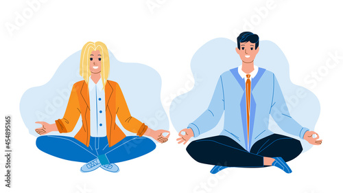 Couple Sitting In Lotus Yoga Pose Together Vector. Young Man And Woman Enjoying In Lotus Yoga Pose, Training Exercise. Characters Recreation And Relaxation Flat Cartoon Illustration