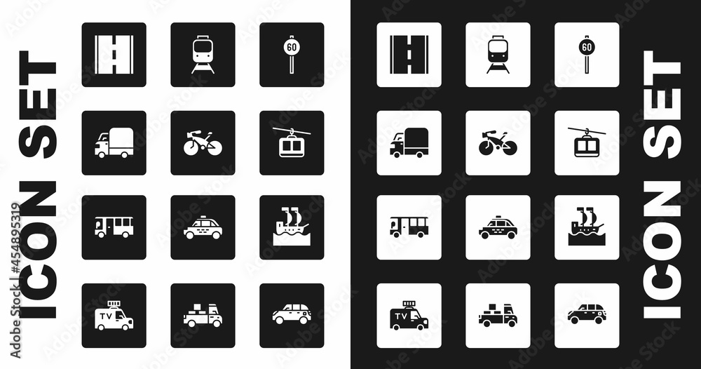 Set Speed limit traffic, Bicycle, Delivery cargo truck, Road, Cable, Train and railway, Sailboat and Bus icon. Vector Set Speed limit traffic, Bicycle, Delivery cargo truck, Road, Cable, Train and railway, Sailboat and Bus icon. Vector