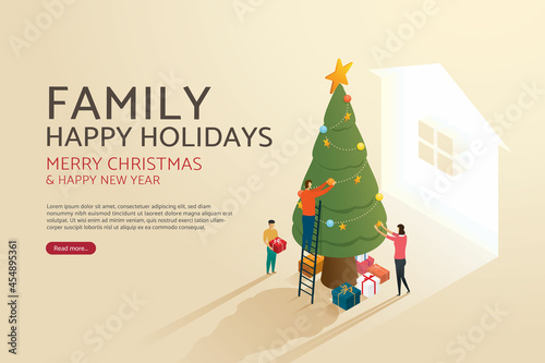 Family people decorate christmas tree prepare gift boxes.