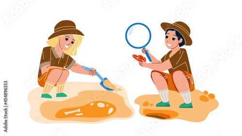 Paleontology Occupation Making Children Vector. Paleontology Scientist Kids Working On Excavation, Exploring And Researching Founded Artifacts. Characters Archeology Job Flat Cartoon Illustration